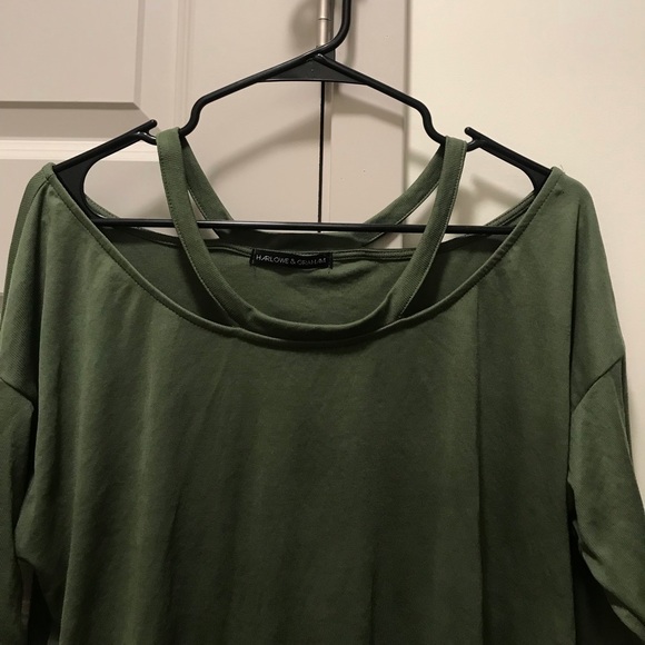 Harlowe&Graham Olive Green Cold Shoulder Top Sz L - Picture 5 of 6